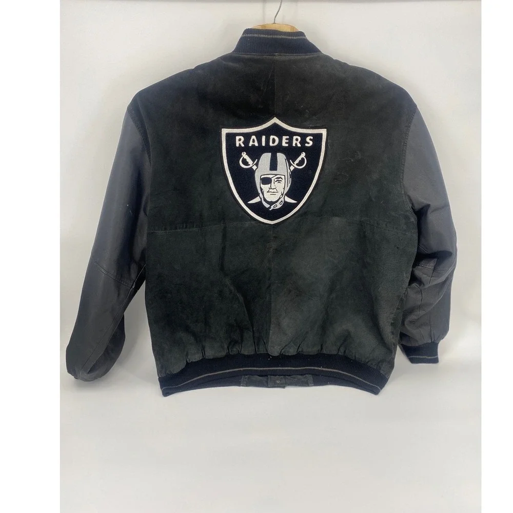 NFL Raiders Varsity Jacket Mens XXL Black Excellent Suede Leather Bomber Coat
